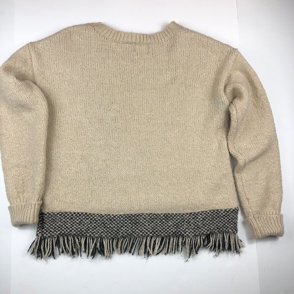 Press Cream & Black Cozy Boho Aztec Wool Blend Crew Neck Fringed Sweater Western - Picture 6 of 13